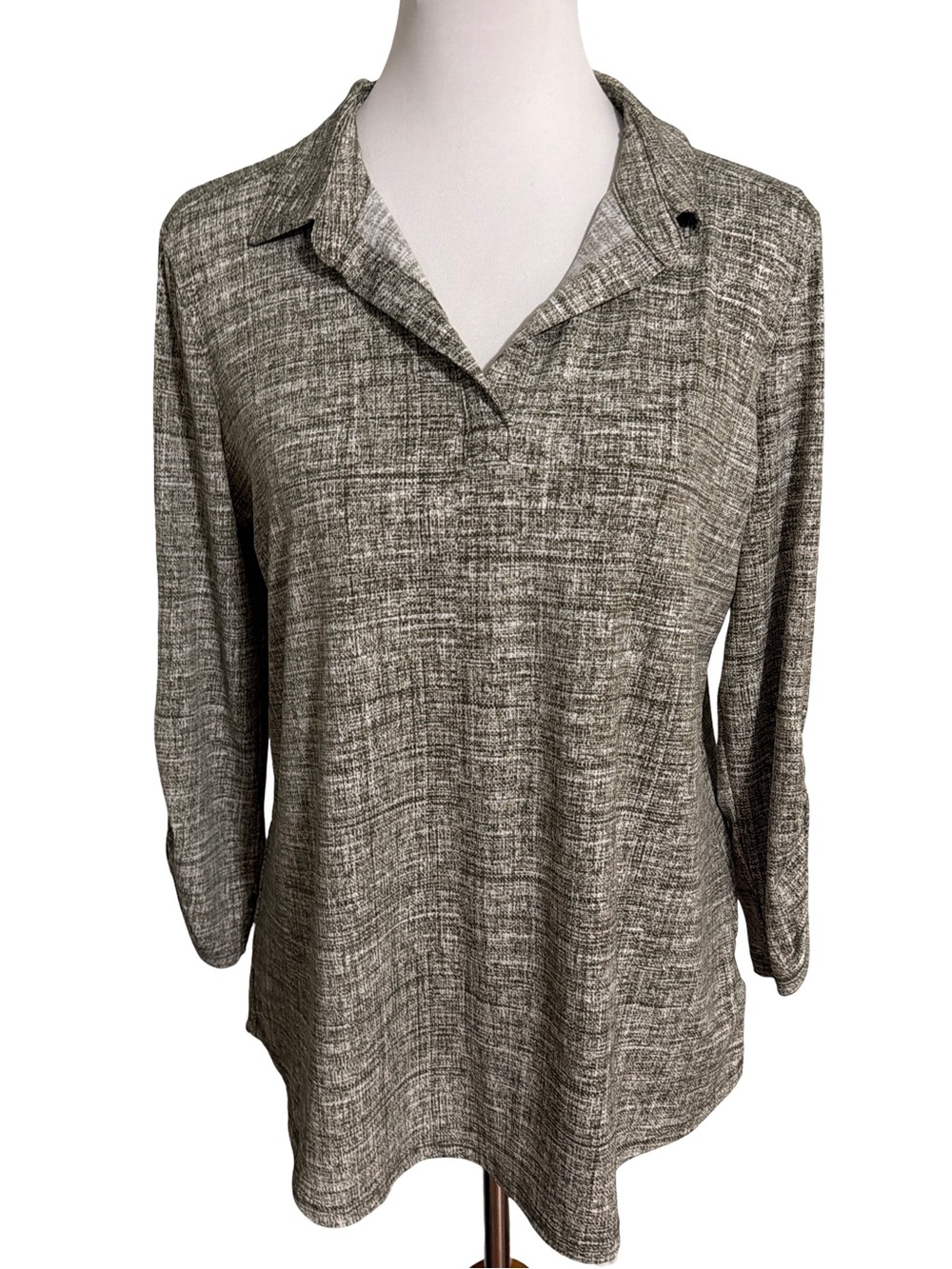 Jones New York Dark Green Textured Open V-Neck Blouse - Picture 1 of 5